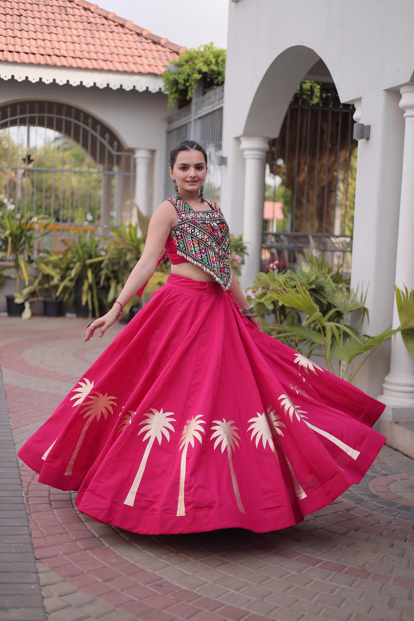 Pink Roman Silk Kutchi Gamthi Embroidered & Gota Work Navratri Lehenga Choli