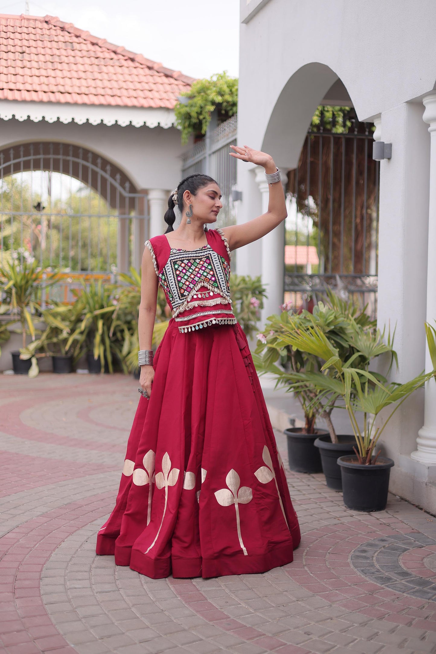 Maroon Roman Silk Gamthi & Mirror Work Navratri Lehenga Choli
