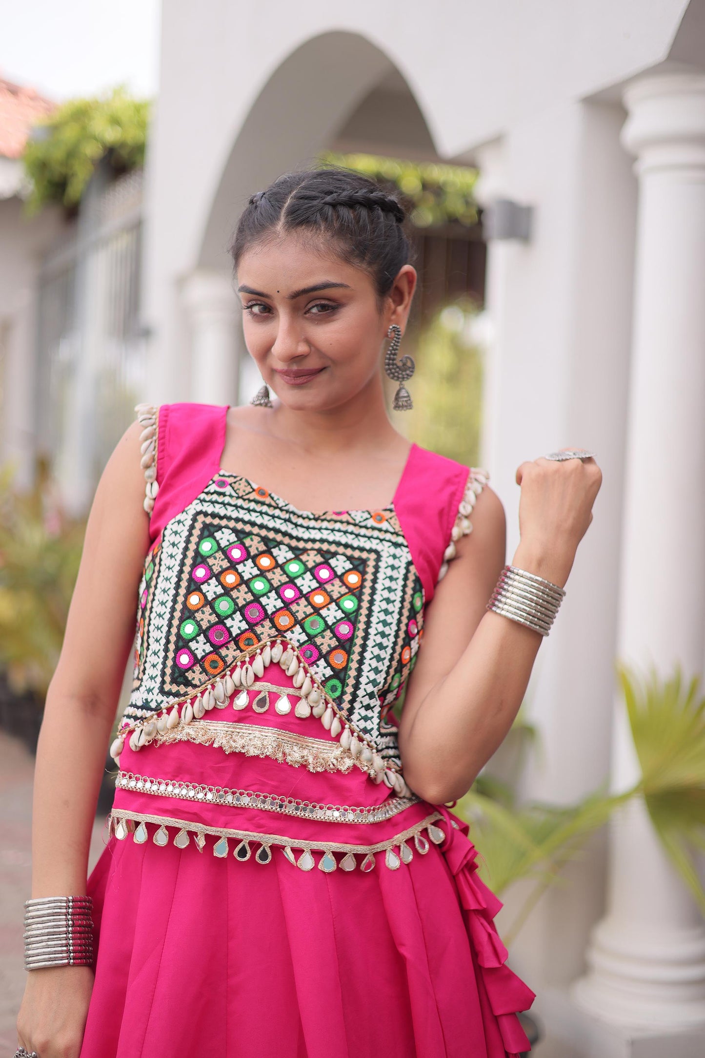 Pink Roman Silk Gamthi & Mirror Work Navratri Lehenga Choli