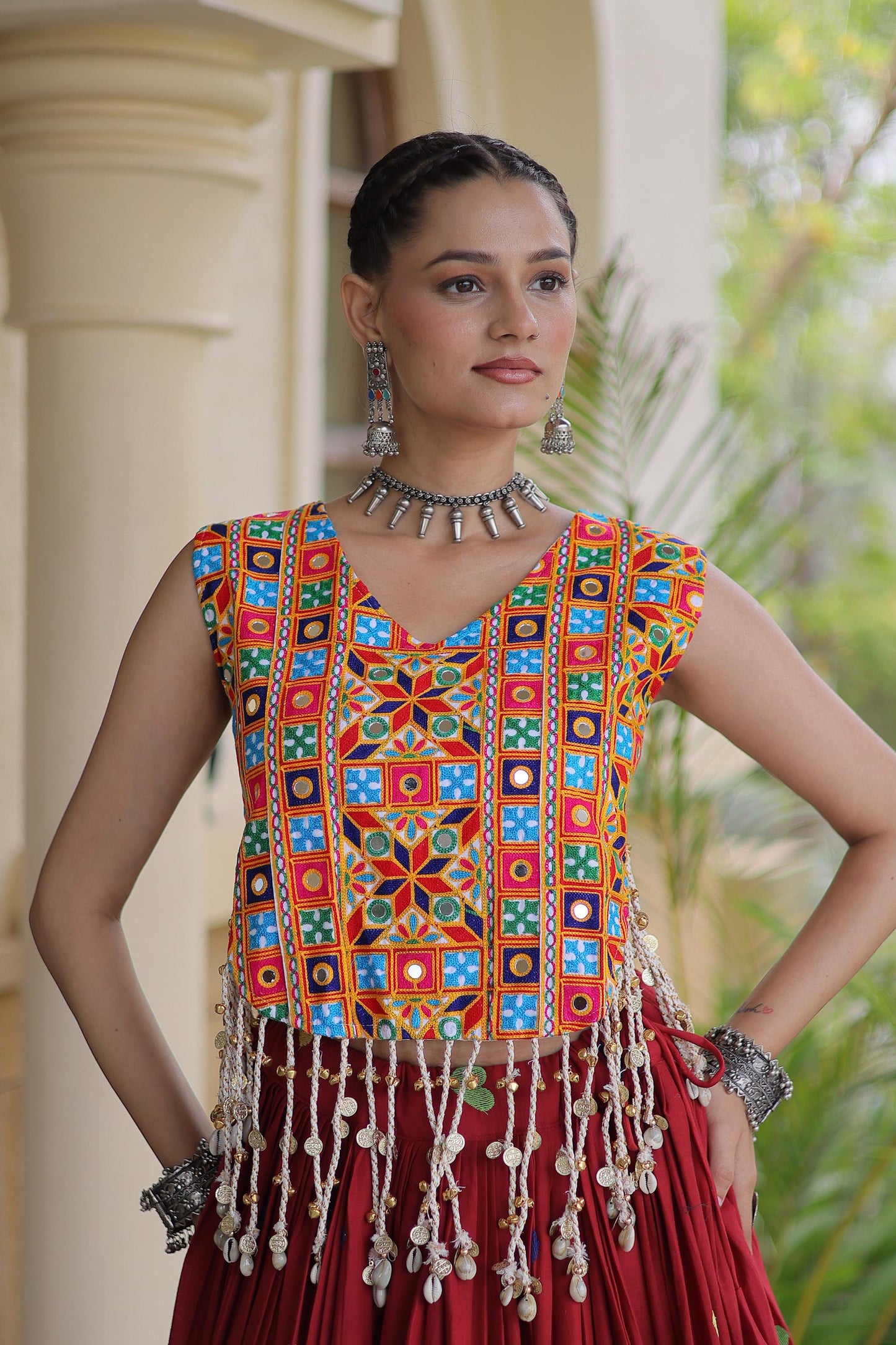 Maroon Cora Cotton Gamthi Thread Embroidered & Mirror Work Navratri Lehenga Choli