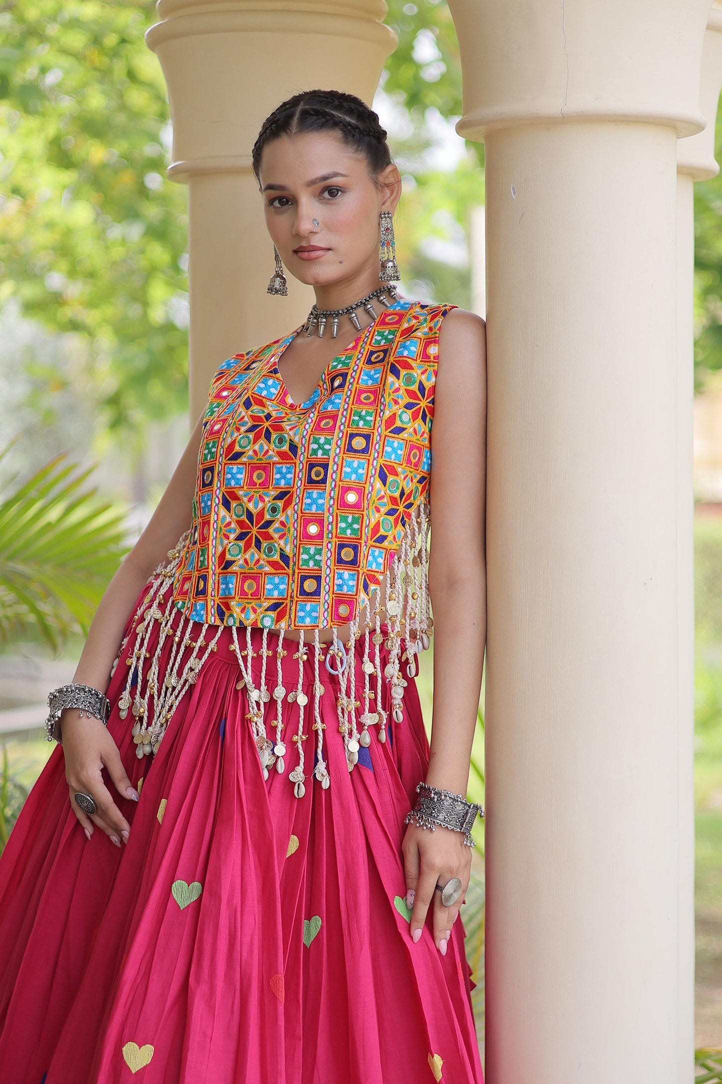 Pink Cora Cotton Gamthi Thread Embroidered & Mirror Work Navratri Lehenga Choli