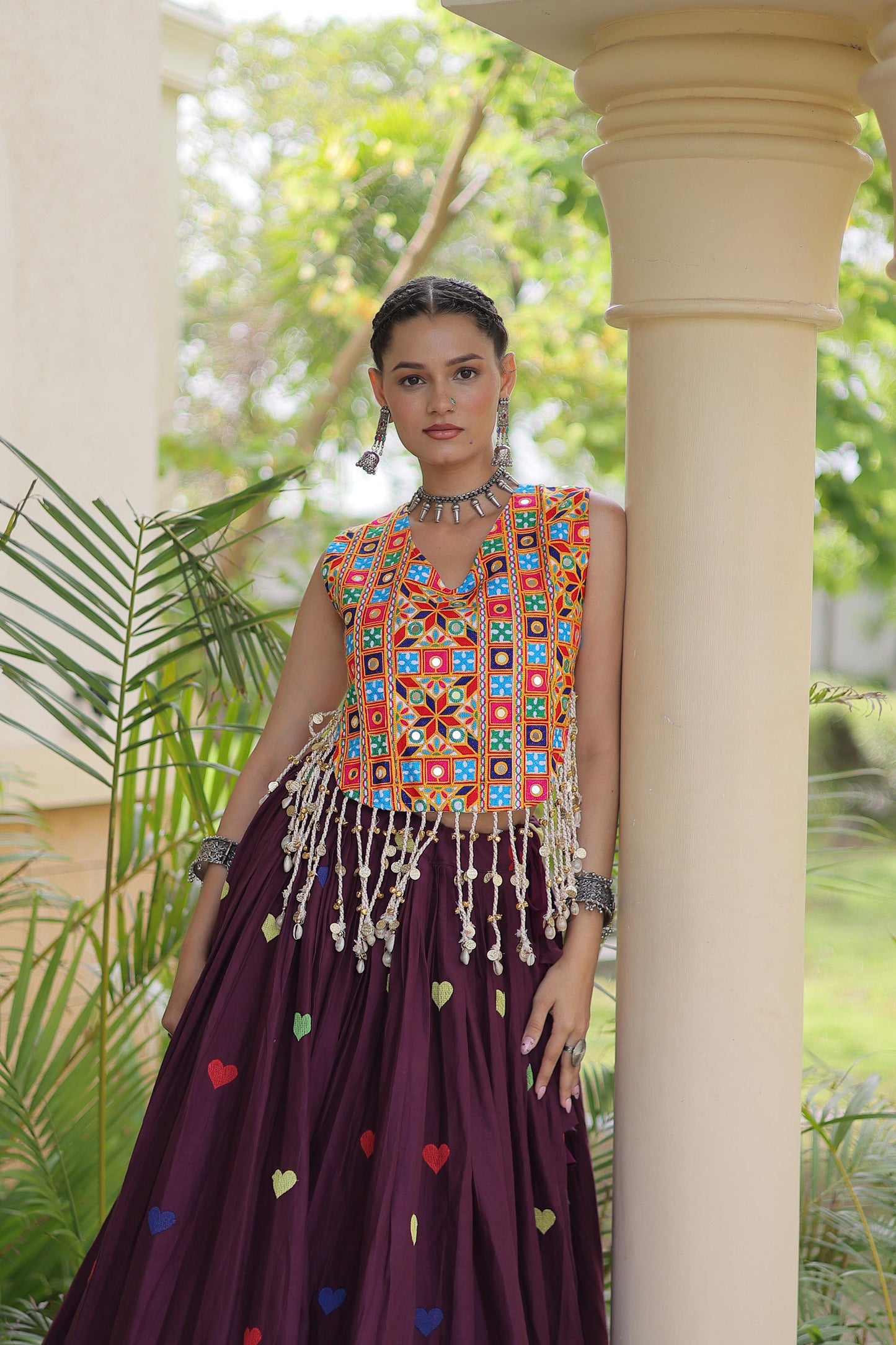 Wine Cora Cotton Gamthi Thread Embroidered & Mirror Work Navratri Lehenga Choli