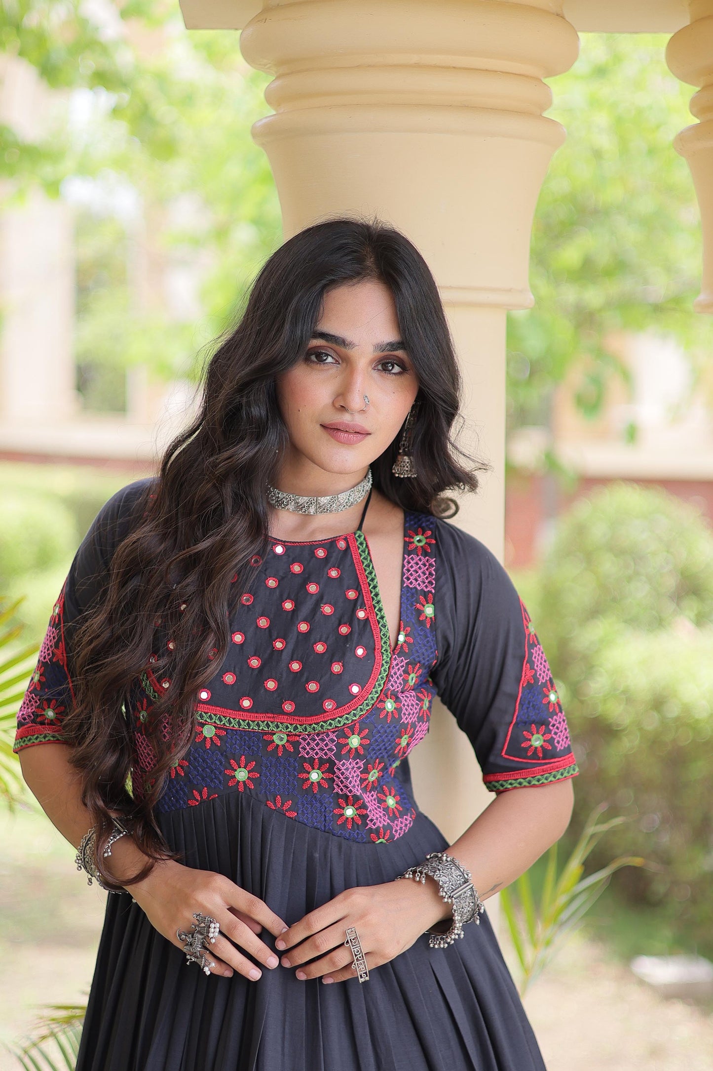 Black Kora Cotton Mirror & Thread Embroidered Navratri Gown