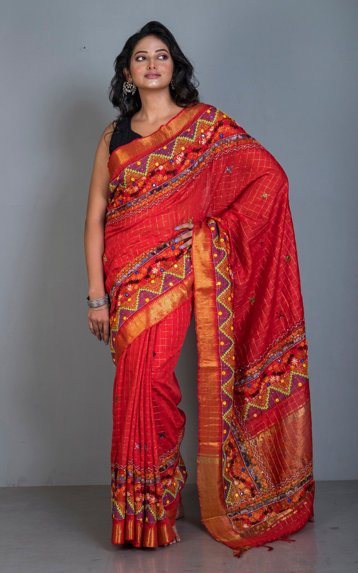 Lambani Hand Work on Soft Mangalagiri Cotton Woven Gold Checks Saree in Rust and Multicolored Thread Work