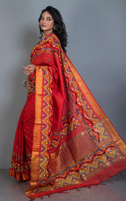 Lambani Hand Work on Soft Mangalagiri Cotton Woven Gold Checks Saree in Rust and Multicolored Thread Work