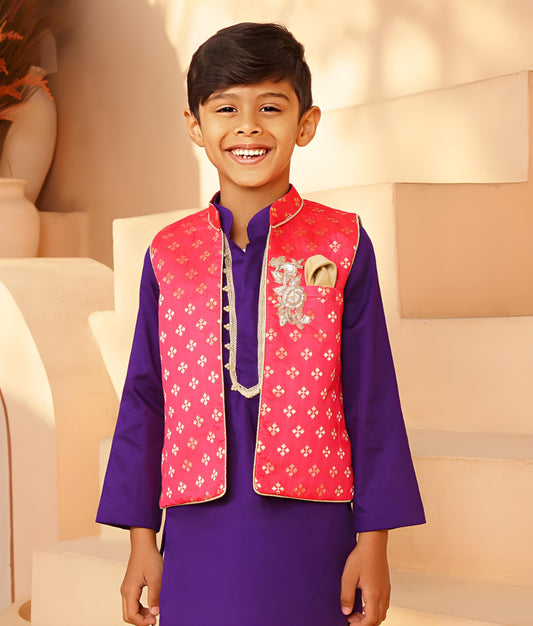 Manufactured by FAYON KIDS (Noida, U.P) Pink Brocade Jacket with Kurta and Pant