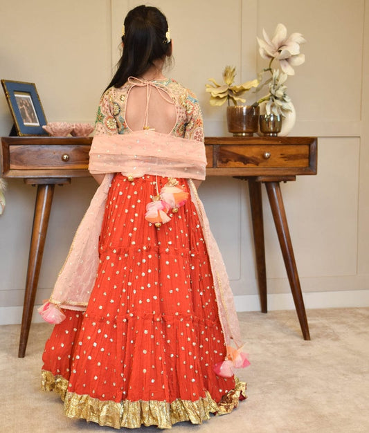 Manufactured by FAYON KIDS (Noida, U.P) Red Crinkle Lehenga Set