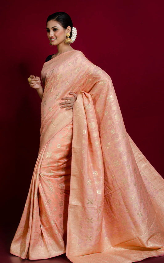 Blended Handwoven Moonga Tussar Silk Saree in Light Salmon Pink and Antique Silver