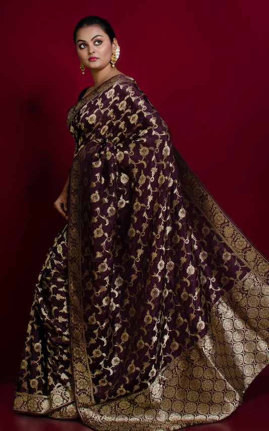 Blended Handwoven Moonga Tussar Silk Saree in Dark Brown and Brush Gold