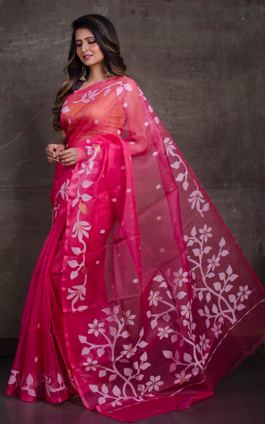 Silk Jamdani Saree in Strawberry Pink, White and Gold