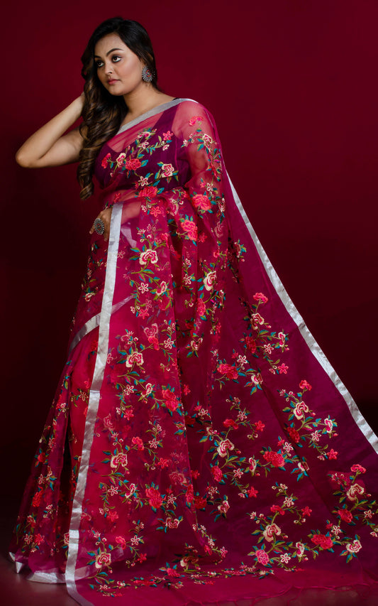Parsi Embroidery Work Muslin Silk Saree in Hot Pink, Silver and Multicolored Thread Work