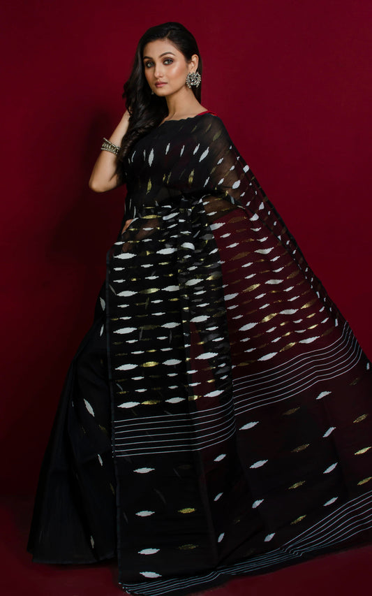 Hand Karat Work Muslin Jamdani Saree in Black, White and Gold