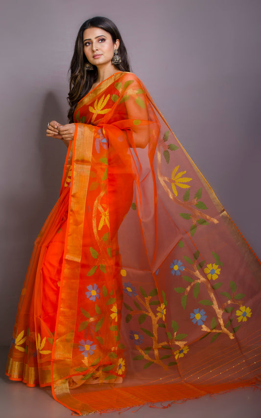 Skirt Border Work Muslin Silk Jamdani Saree in Orange and Multicolored Thread Work