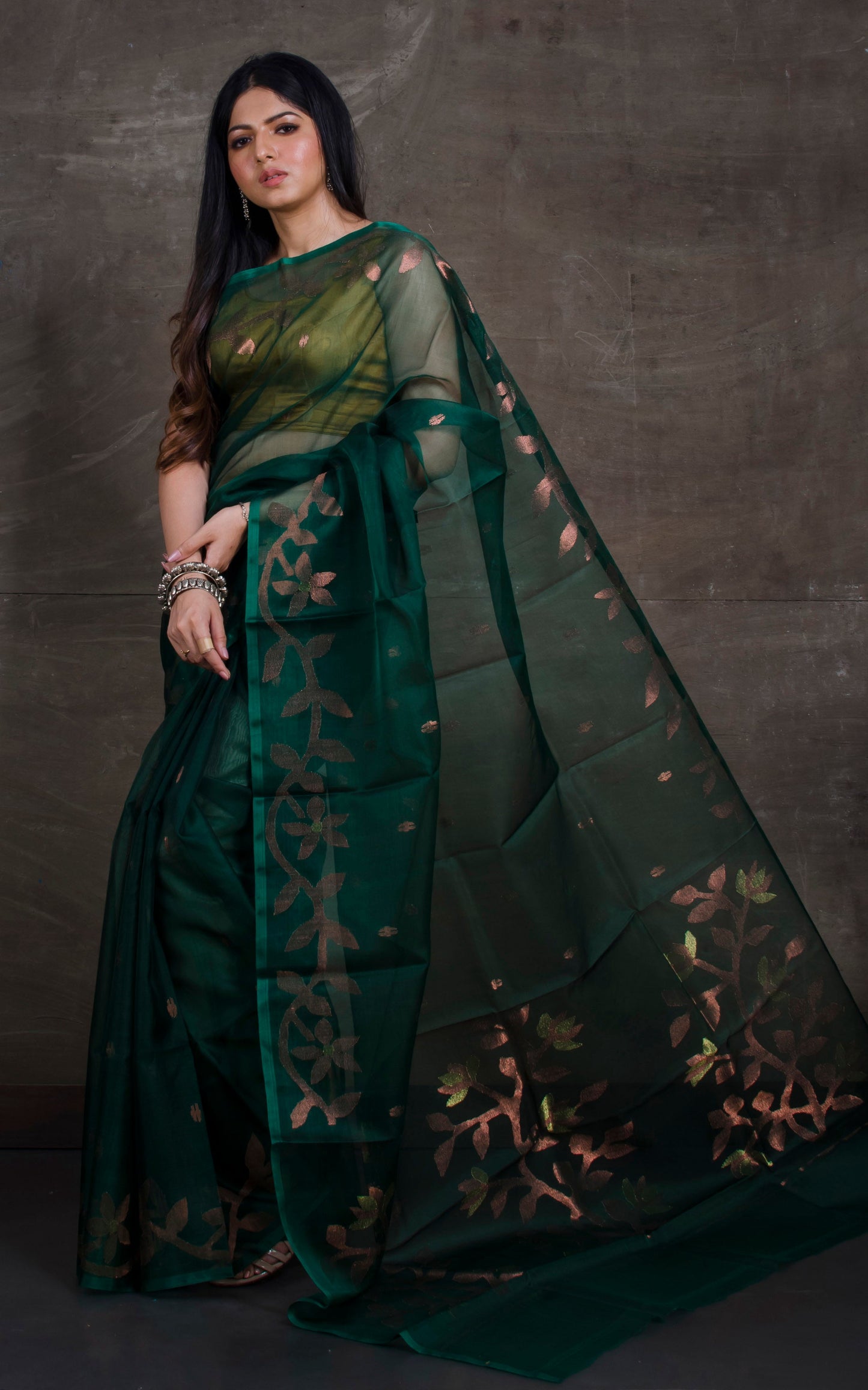 Silk Jamdani Saree in Sacramento Green and Copper