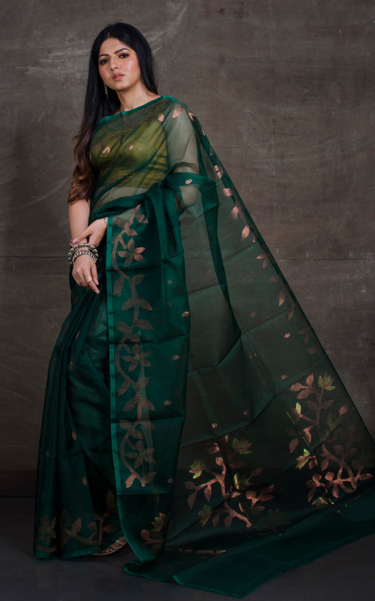 Silk Jamdani Saree in Sacramento Green and Copper