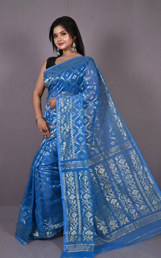 Soft Zari Brocade Dhakai Jamdani Saree in Strobe Blue and Golden