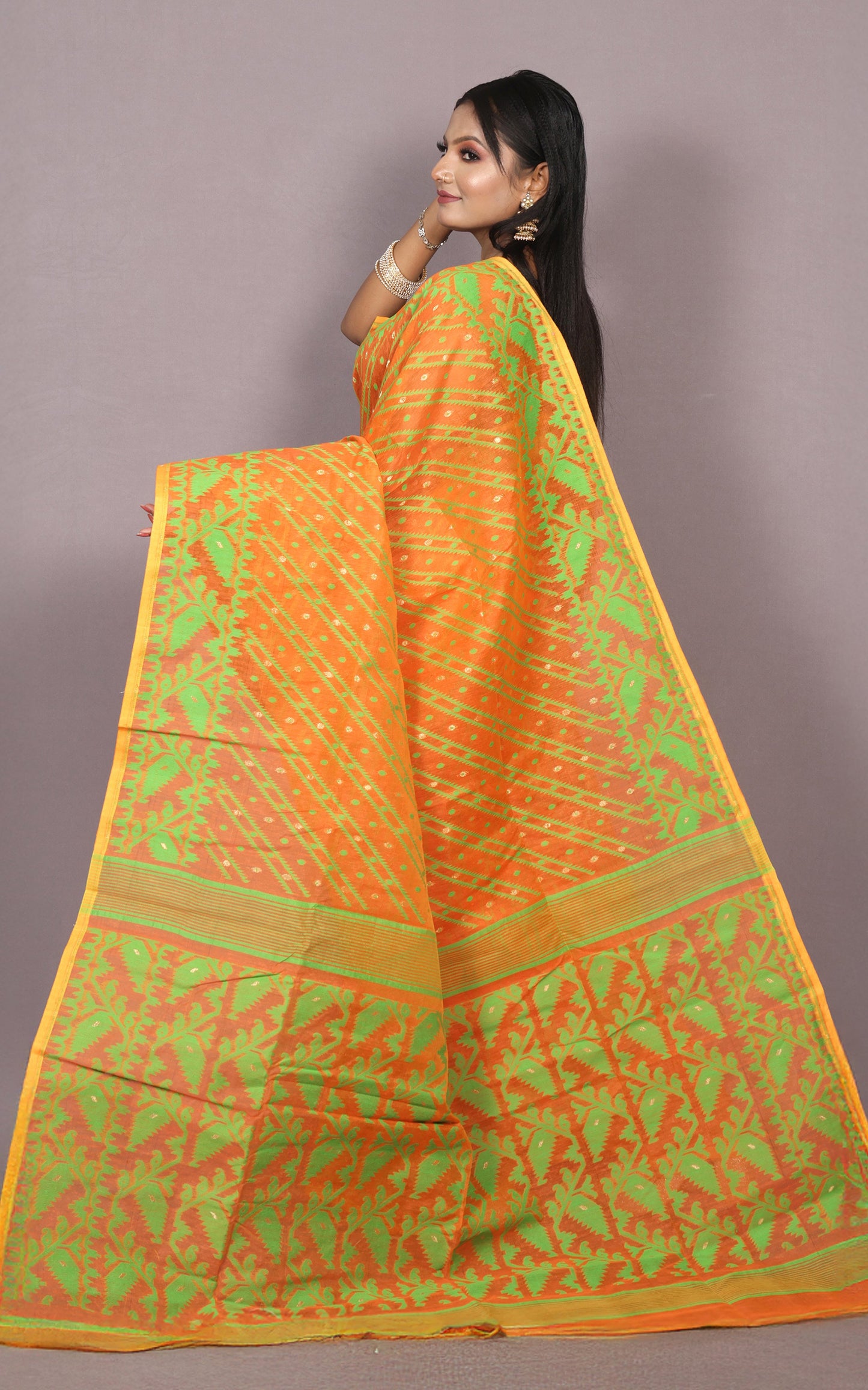 Traditional Karat Nakshi Work Cotton Muslin Soft Jamdani Saree in Matte Orange and Green