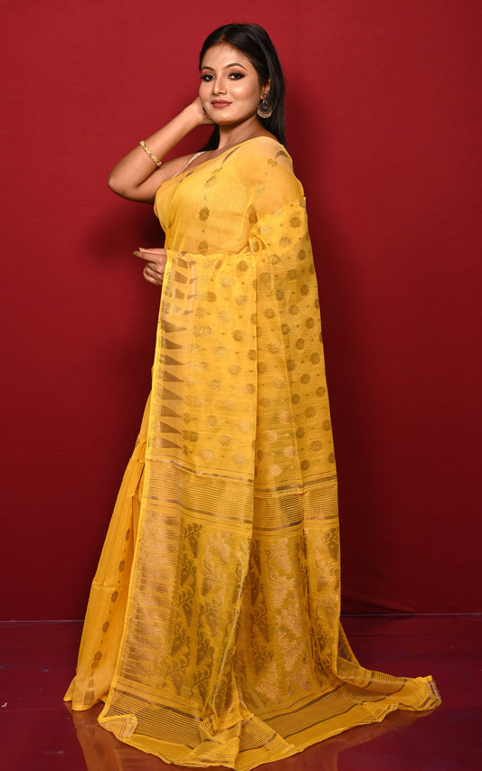 Soft Neem Zari Woven Work Jamdani Saree in Sunshine Yellow and Antique Gold