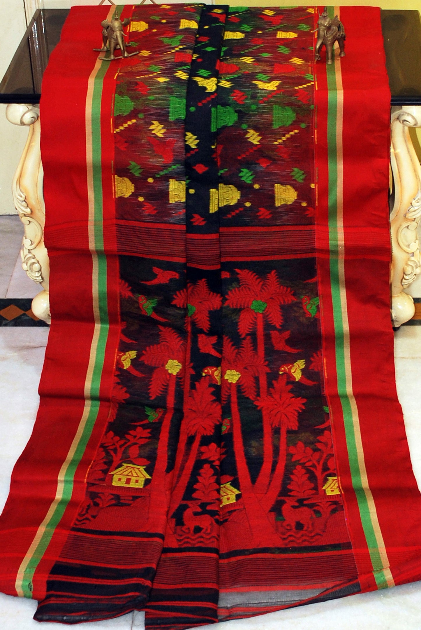 Metro Kotki Border Cotton Muslin Jamdani Saree in Black, Red and Multicolored Thread Work