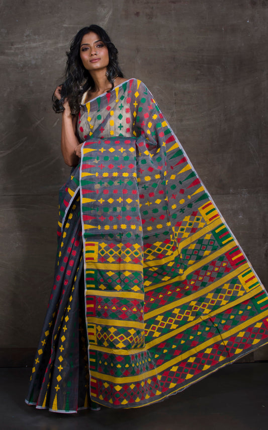 Hand Woven Cotton Muslin Jamdani Saree in Grey and Multicolored Thread Work