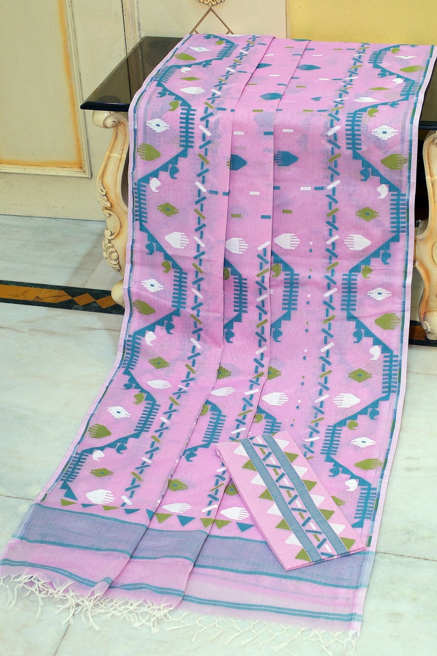 Handwoven Karat Nakshi Jamdani Work Cotton Mulsin Saree in Pink, Deep Sea Green and Multicolored