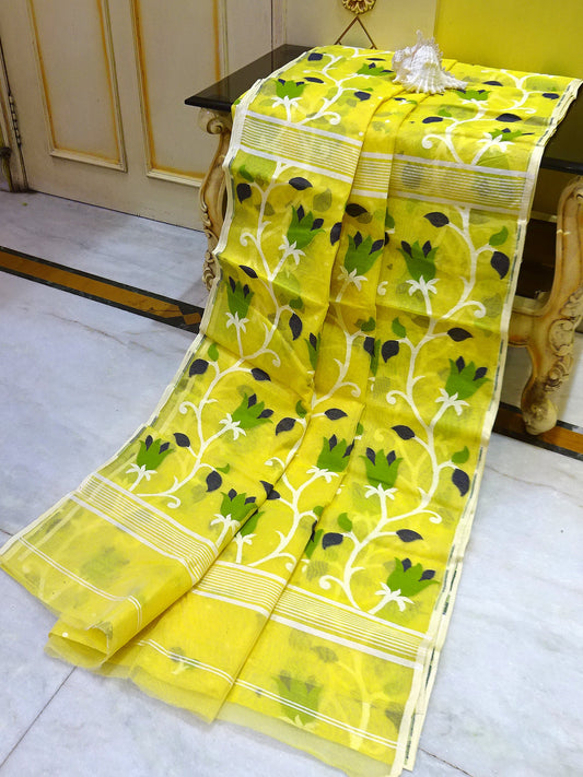 Dhakai Jamdani Saree in Pastel Yellow and Multicolored Woven Nakshi Thread Work