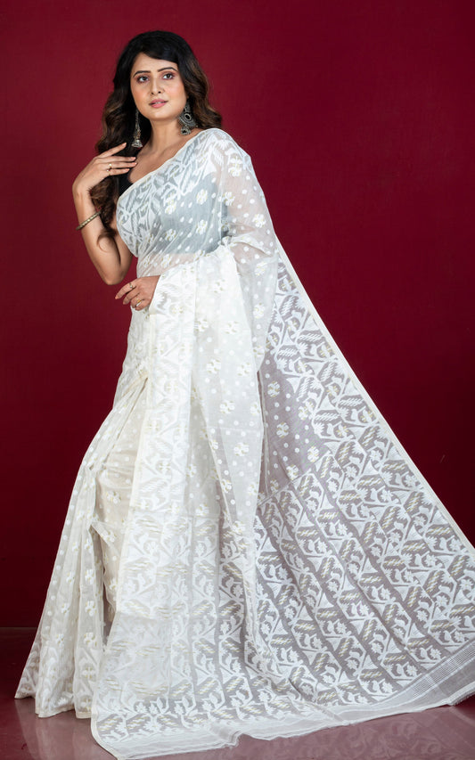 Sholapuri Work Jamdani Saree in Off White, White and Golden