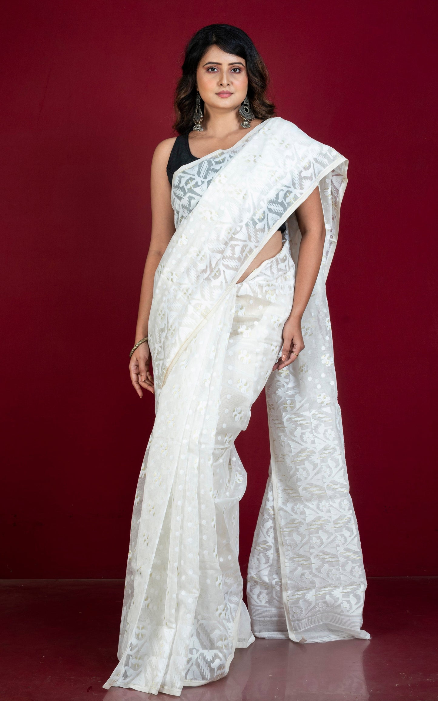 Sholapuri Work Jamdani Saree in Off White, White and Golden