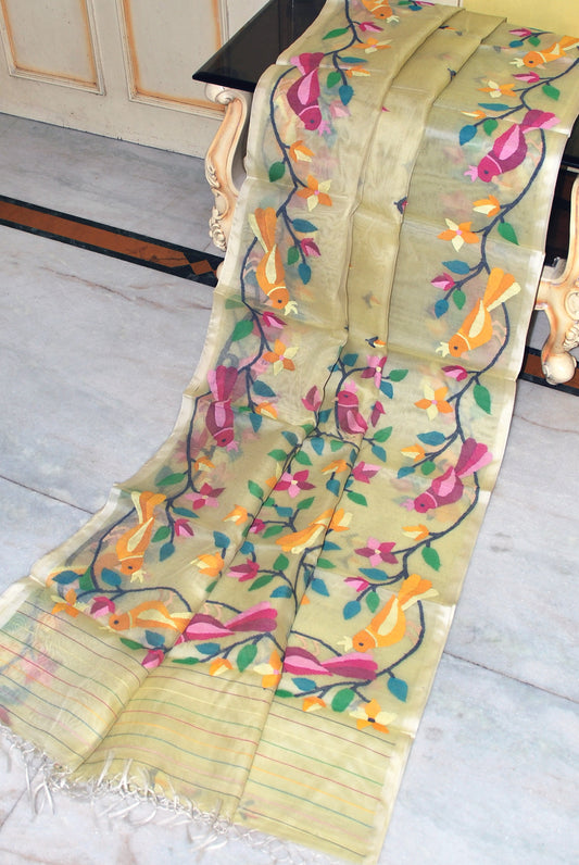 Premium Hand Woven Broad Border Nakshi Work Muslin Silk Dhakai Jamdani Saree in Pastel Yellow, Black and Multicolored Minakari Thread Work