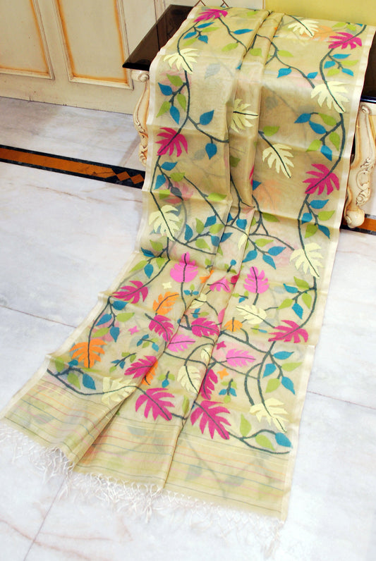 Premium Quality Jangla Jaal Work Muslin Silk Dhakai Jamdani Saree in Tahuna Sands, Black and Multicolored Thread Work