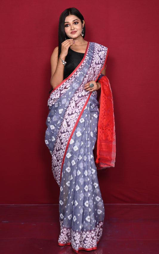 Traditional Cotton Muslin Soft Jamdani Saree in Ash, Red and Off White