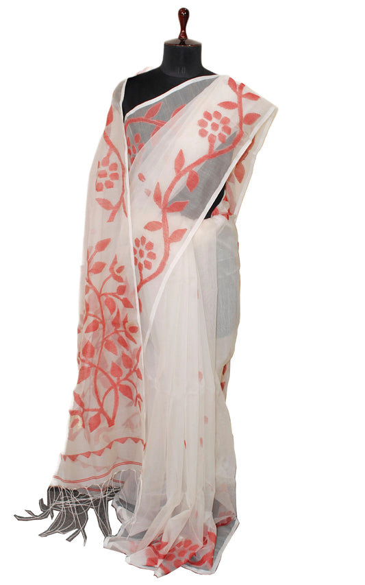 Handwoven Nakshi Work Muslin Jamdani Silk Saree in White and Red