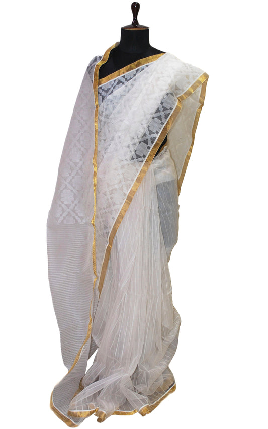 Traditional Sholapuri Work Muslin Jamdani Silk Saree in Off White and Gold Zari Selvage