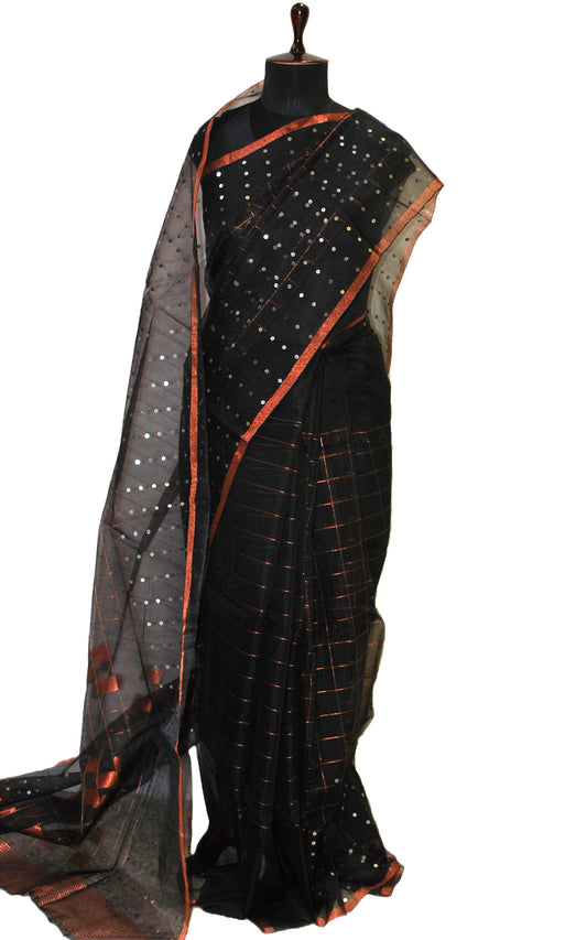 Designer Sitara Work Skirt Border Muslin Silk Saree in Black and Copper