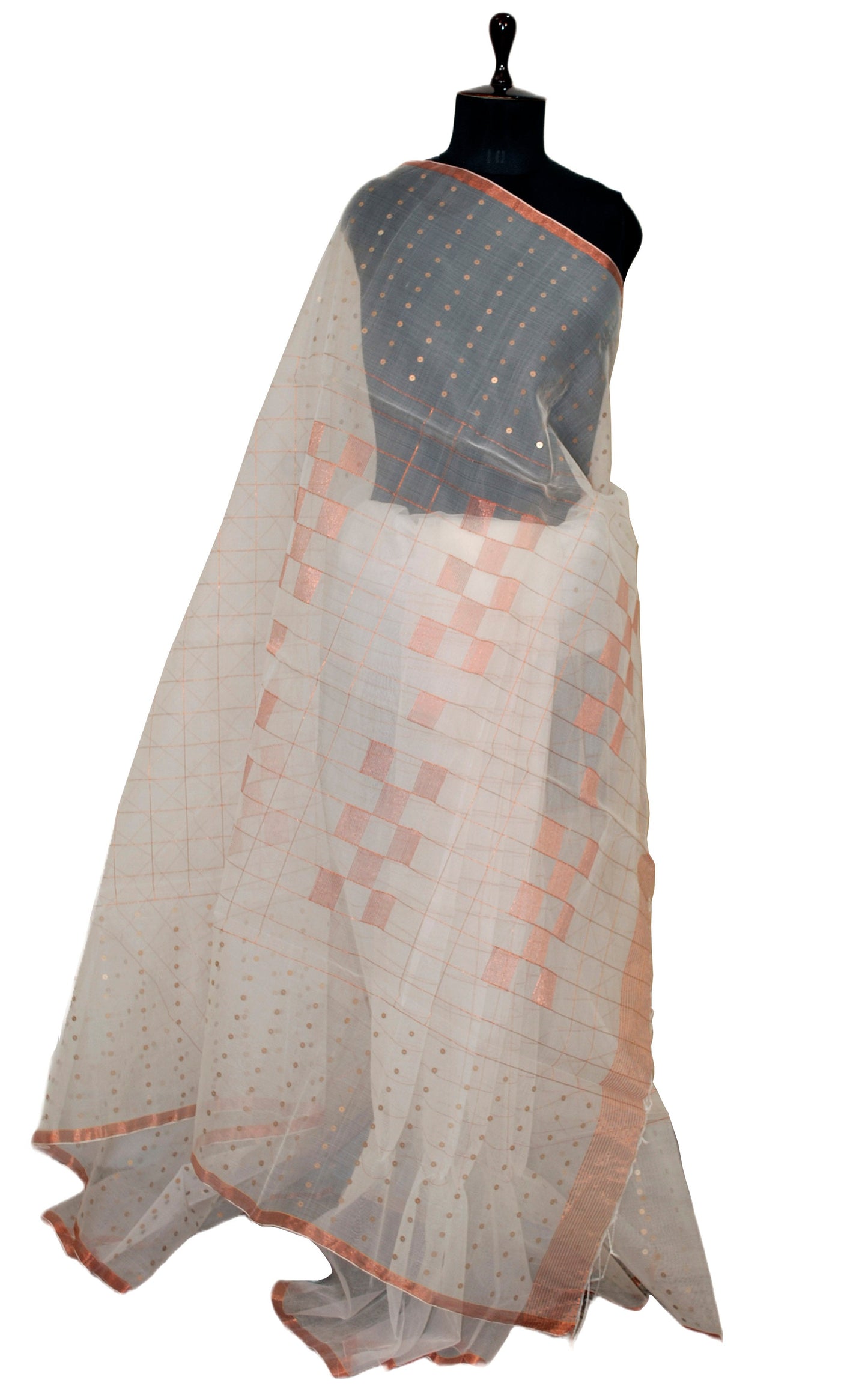Designer Sitara Work Skirt Border Muslin Silk Saree in Off White and Copper