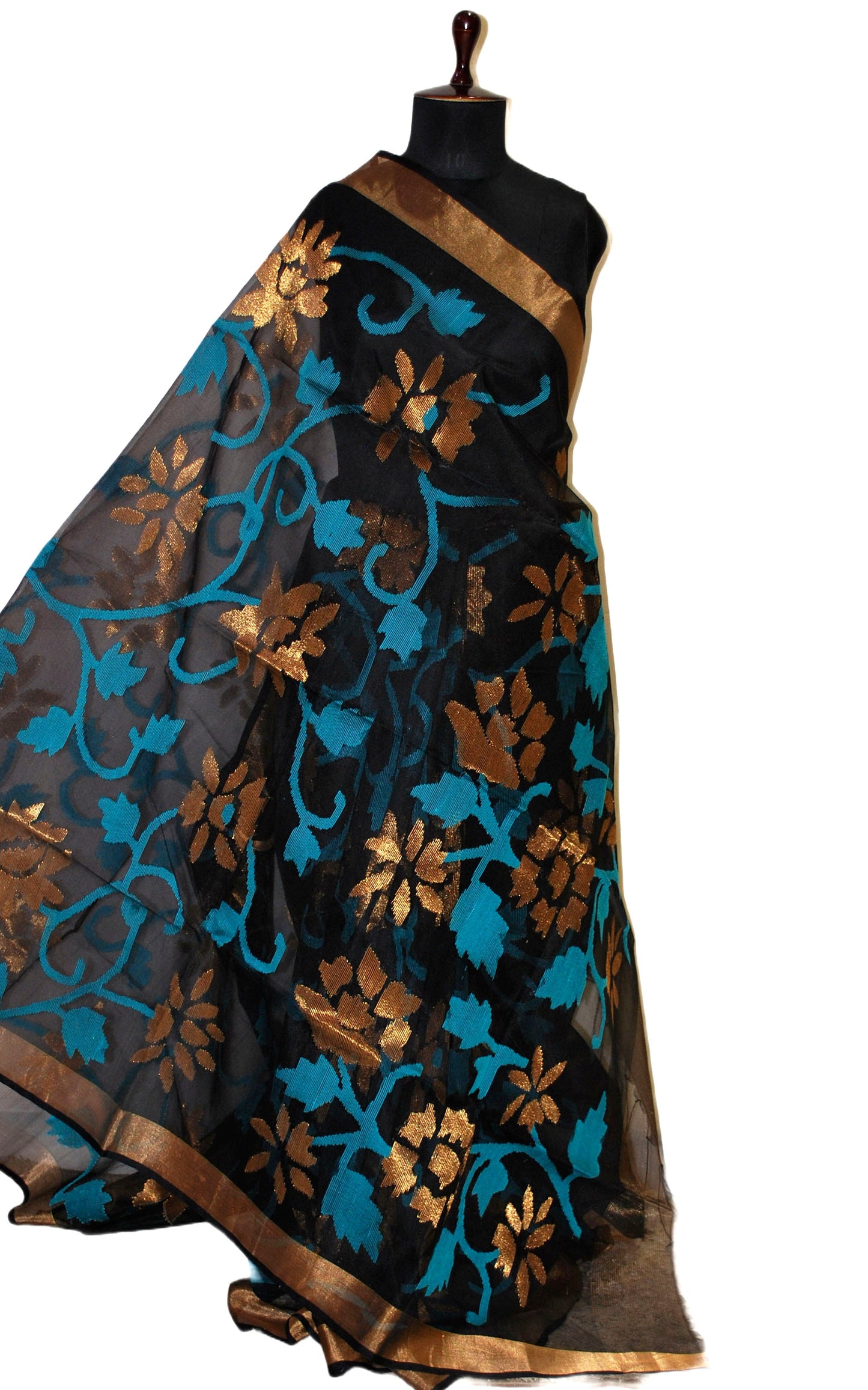 Premium Quality Muslin Silk Jamdani Saree in Black, Cyan and Matt Gold Zari Work