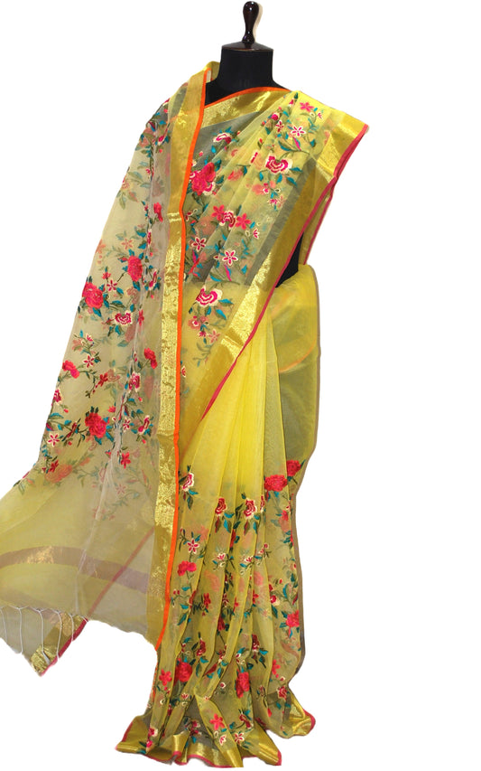 Parsi Embroidery Work Muslin Silk Saree in Lemon Yellow and Multicolored Thread Work