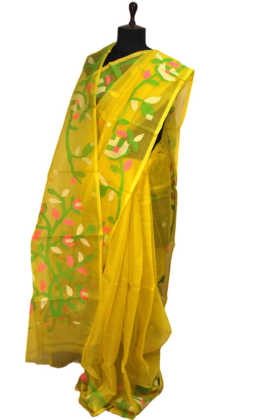 Silk Jamdani Saree in Light Yellow and Multi Colored Thread Work
