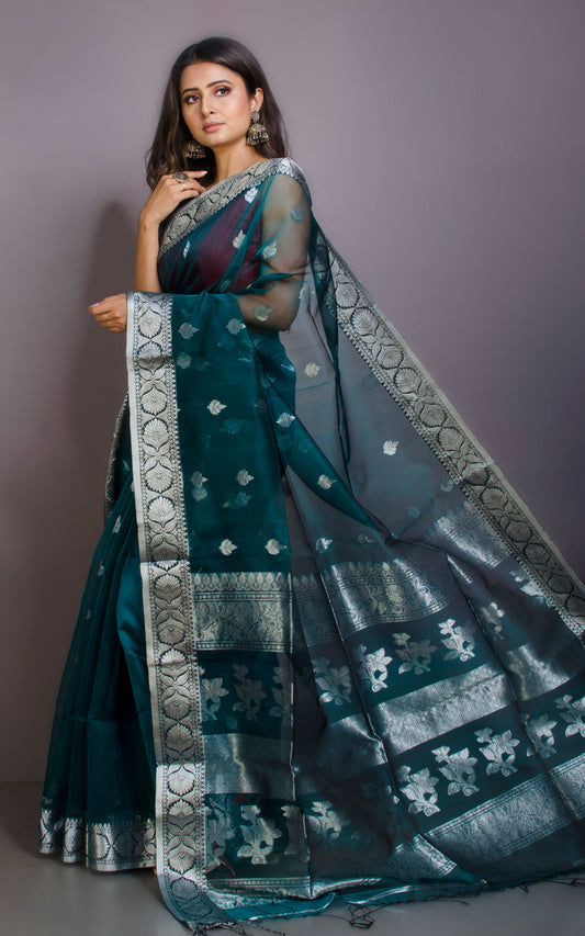 Soft Muslin Silk Banarasi Saree in Peacock Green and Silver Zari Work