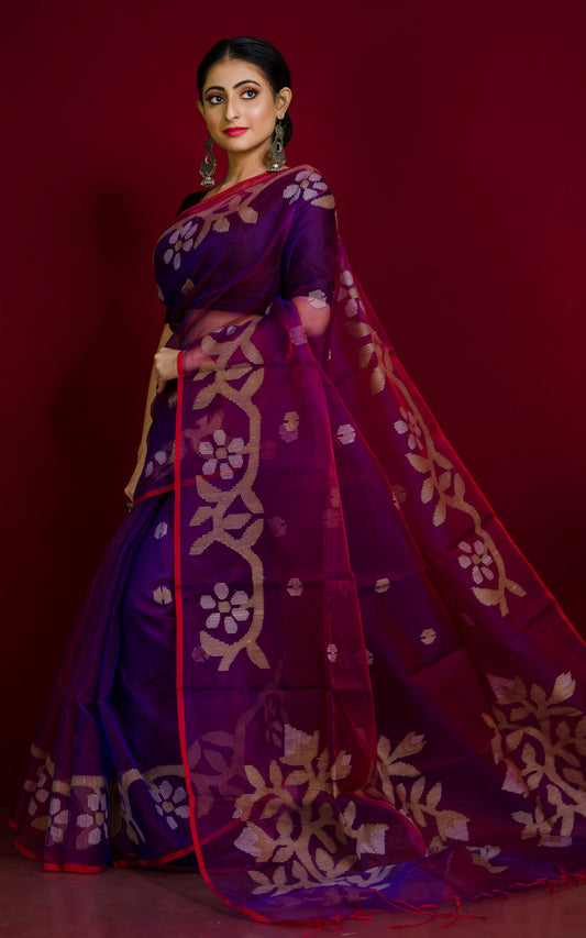 Silk Jamdani Saree in Dark Purple, Off White, Parmesan with Contrast Red Selvage