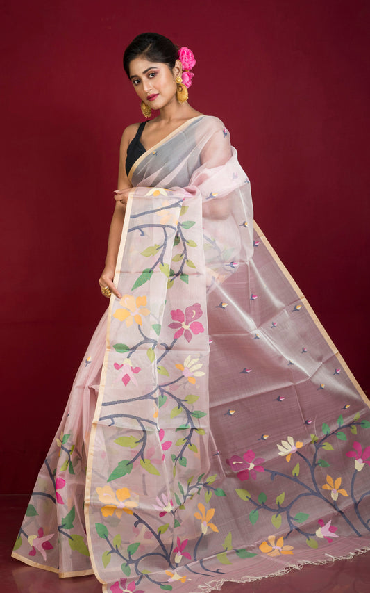 Premium Hand Woven Skirt Nakshi Work Muslin Silk Dhakai Jamdani Saree in Pastel Pink, Beige and Multicolored Minakari Thread Work
