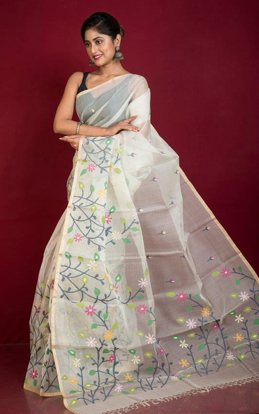 Premium Hand Woven Skirt Nakshi Work Muslin Silk Dhakai Jamdani Saree in Off White, Black and Multicolored Minakari Thread Work