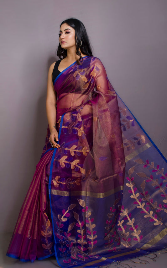Designer Dual Tone Tissue Muslin Silk Saree in Purple and Blue