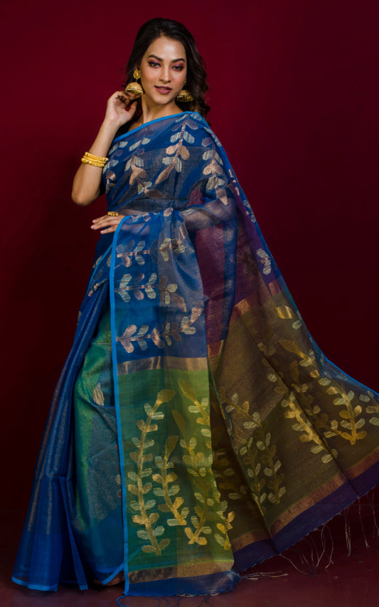 Designer Tissue Muslin Silk Saree in Azure Blue and Green