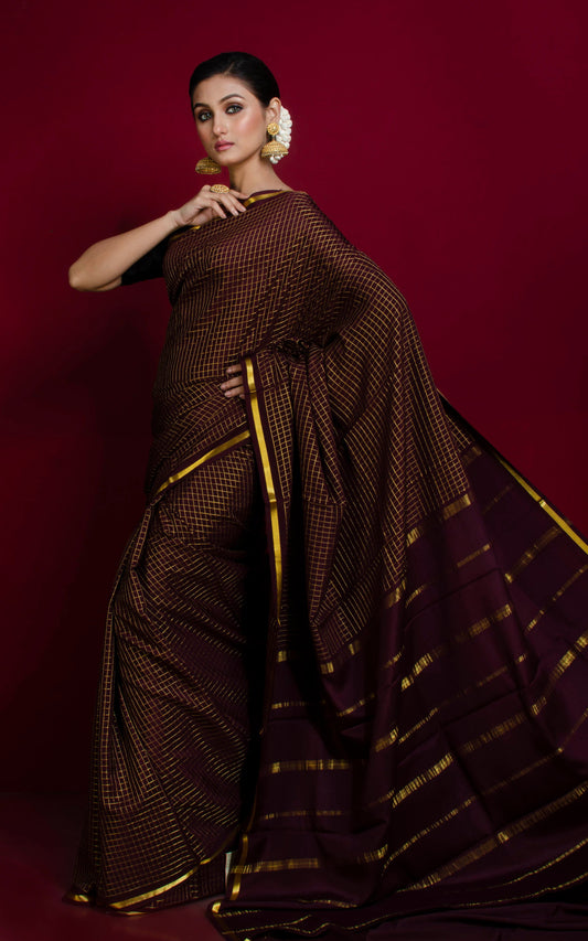 Designer Crepe Silk with Woven Sugar Cube Checks Saree in Hickory Brown and Brush Gold