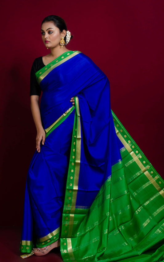 Mysore Crepe Pure Silk Saree in Deep Royal Blue, Shamrock Green and Brush Gold