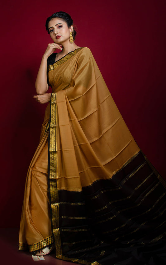 Mysore Crepe Pure Silk Saree in Tan Brown, Black and Brush Gold