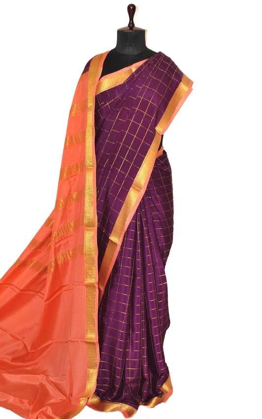 Soft Mysore Crepe Pure Silk Woven Checks Saree in Cotton Dark Purple, Peach and Gold