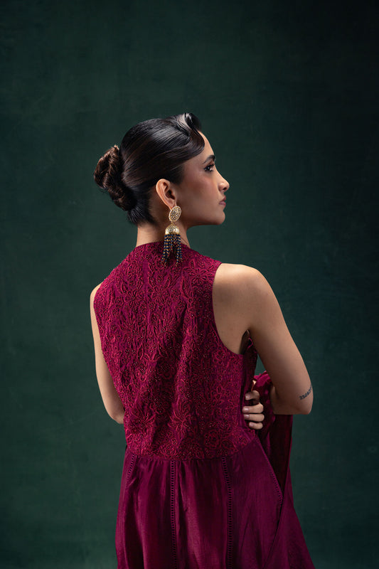 Iraaya Ruby Embroidered Tunic with Flared Palazoo Pants and a Ruffle Stole