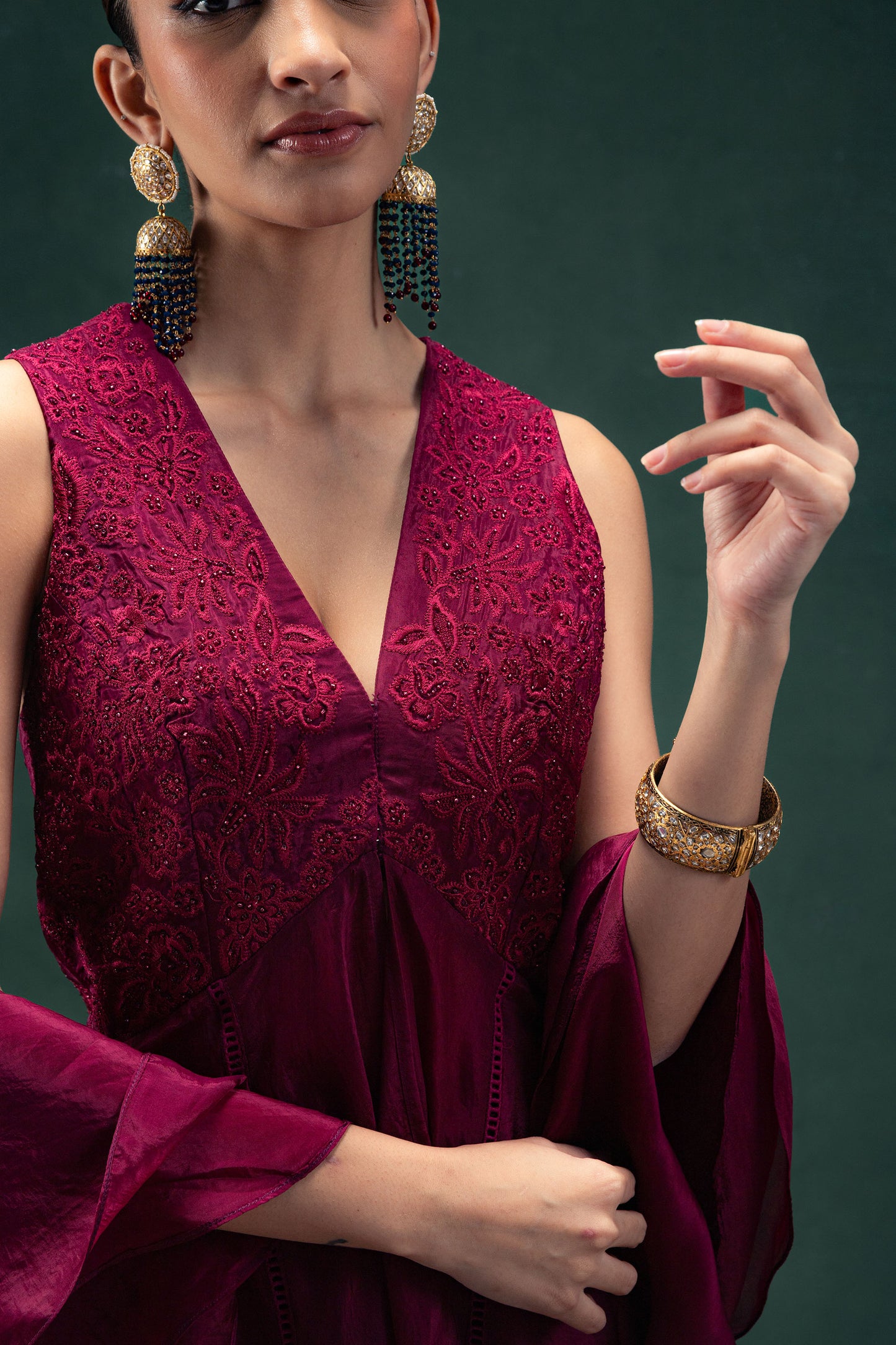 Iraaya Ruby Embroidered Tunic with Flared Palazoo Pants and a Ruffle Stole